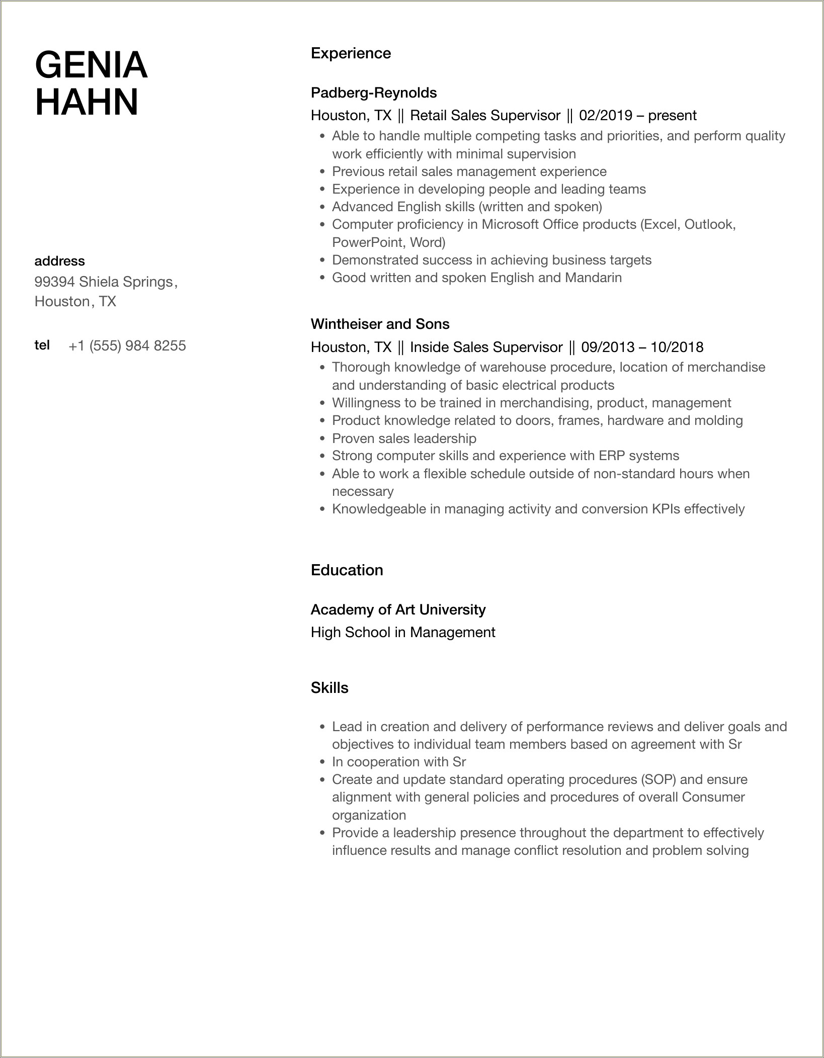 Sales Supervisor Job Description For Resume