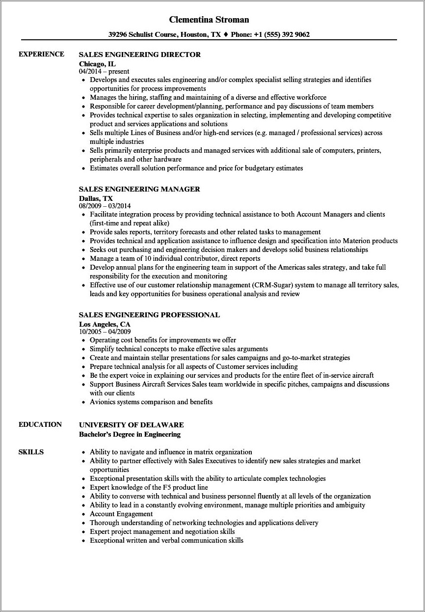 Sales Support Engineer Job Resume Sample