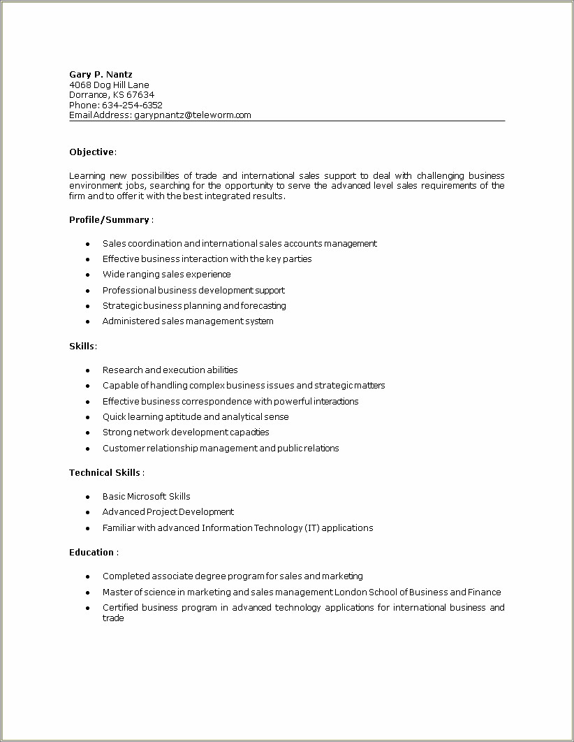Sales Support Job Description For Resume