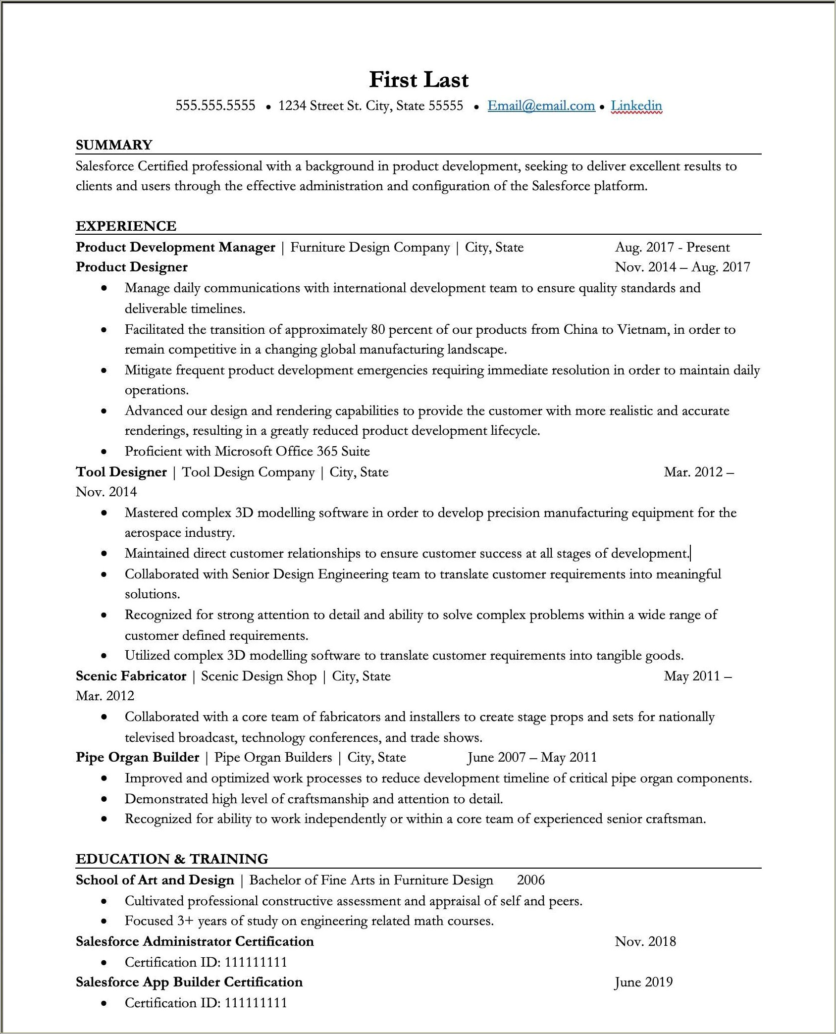 Salesforce Admin Resume For 1 Year Experience