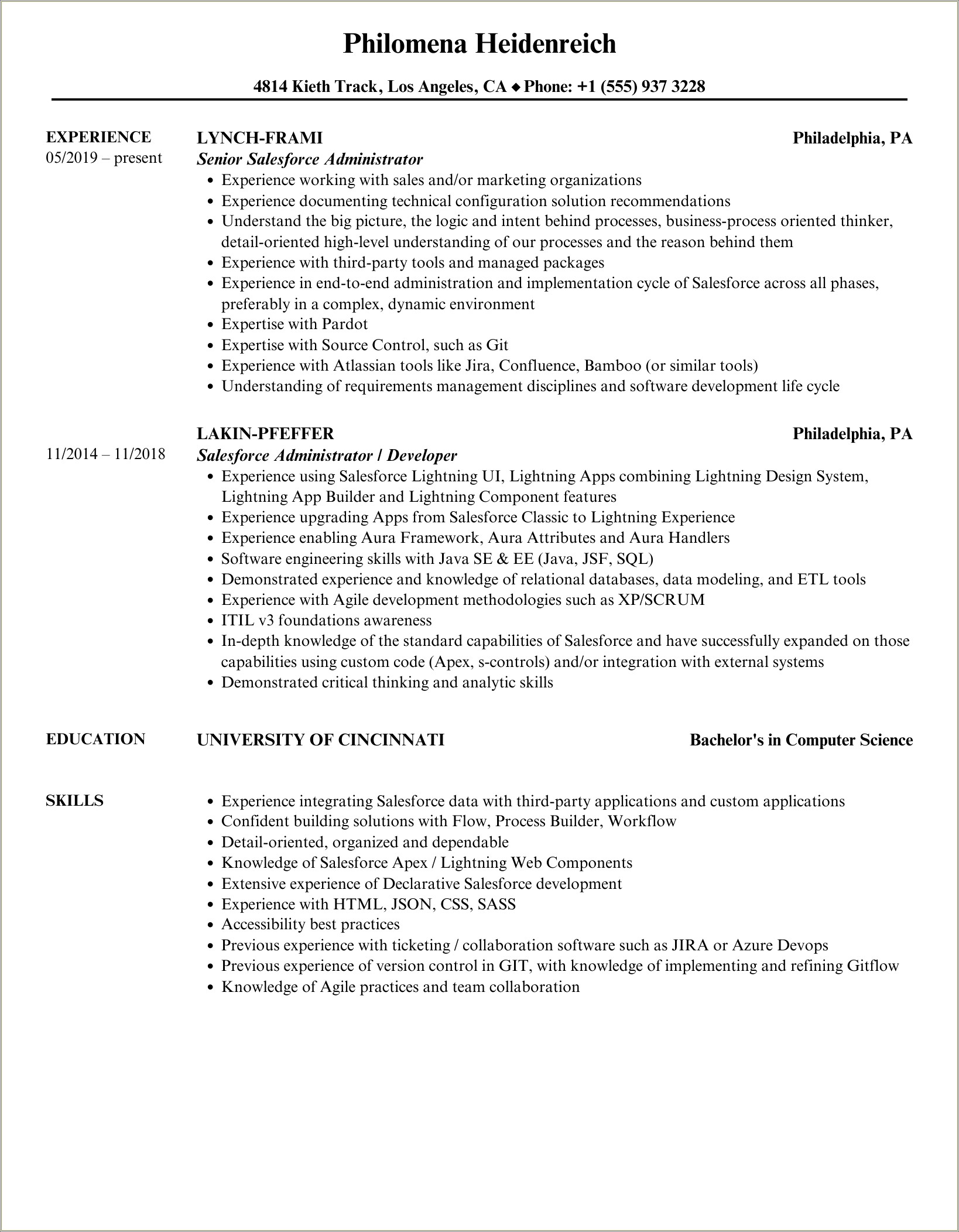 Salesforce Admin Resume With No Experience