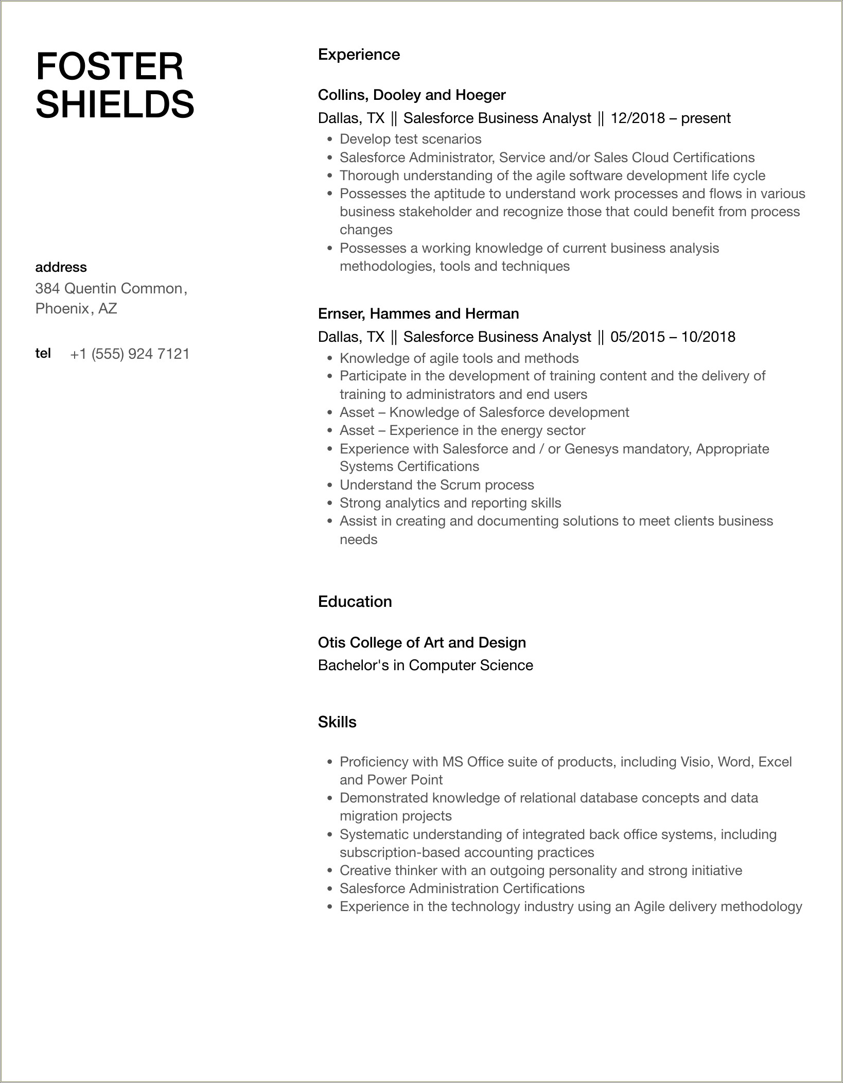 Salesforce Business Analyst Experience On Resume