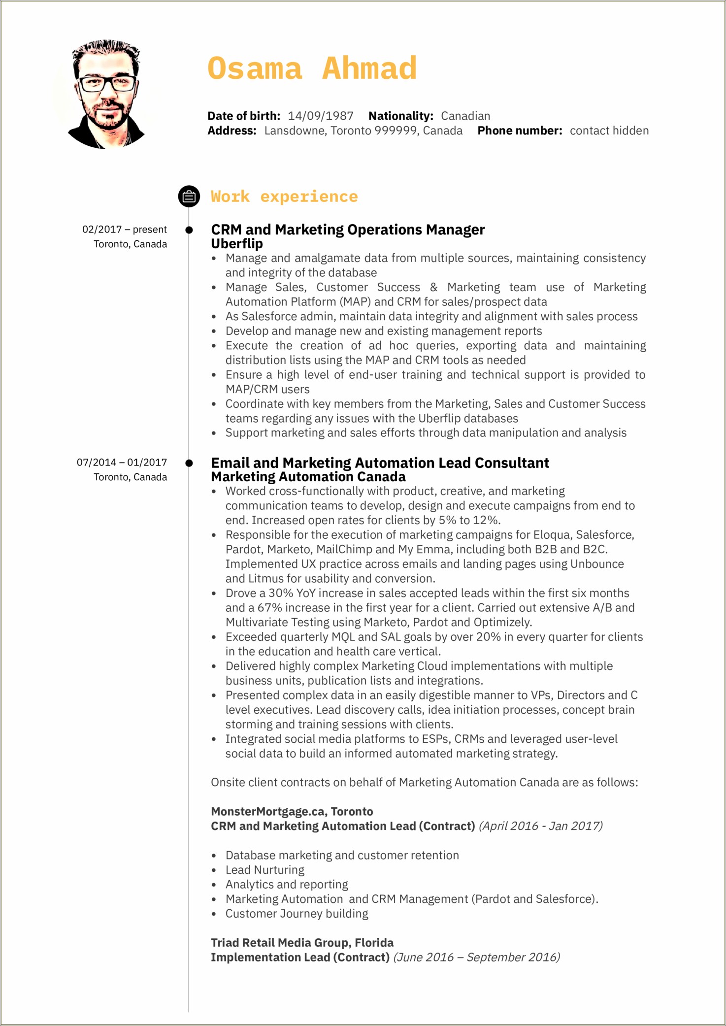 Salesforce Marketing Cloud Consultant Resume Sample