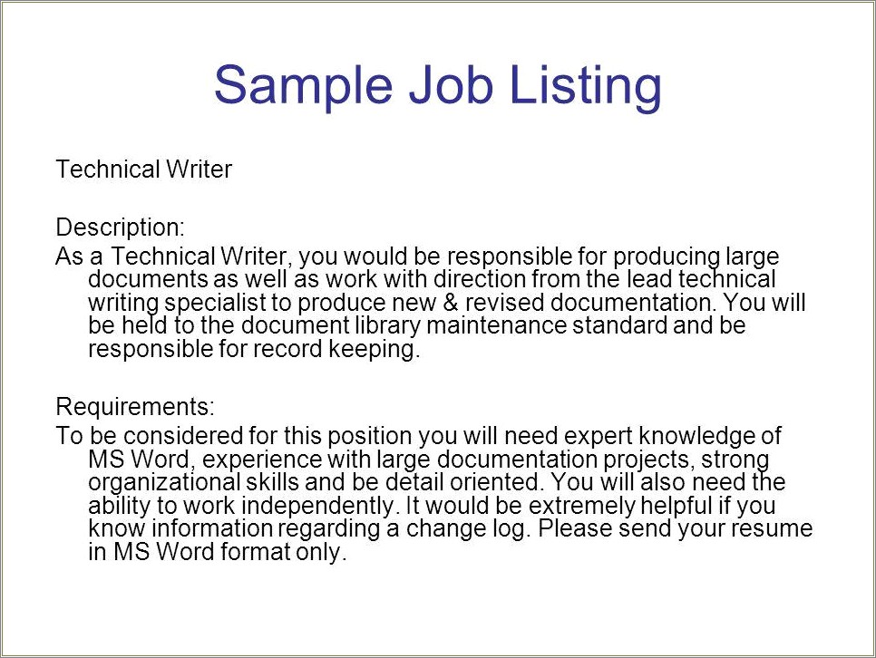 Sammple Summary On Resume For Technical Writer