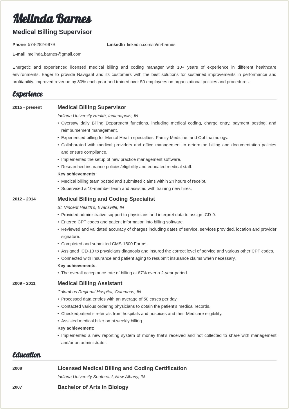 Sample Achievements For Medical Billing And Coding Resume
