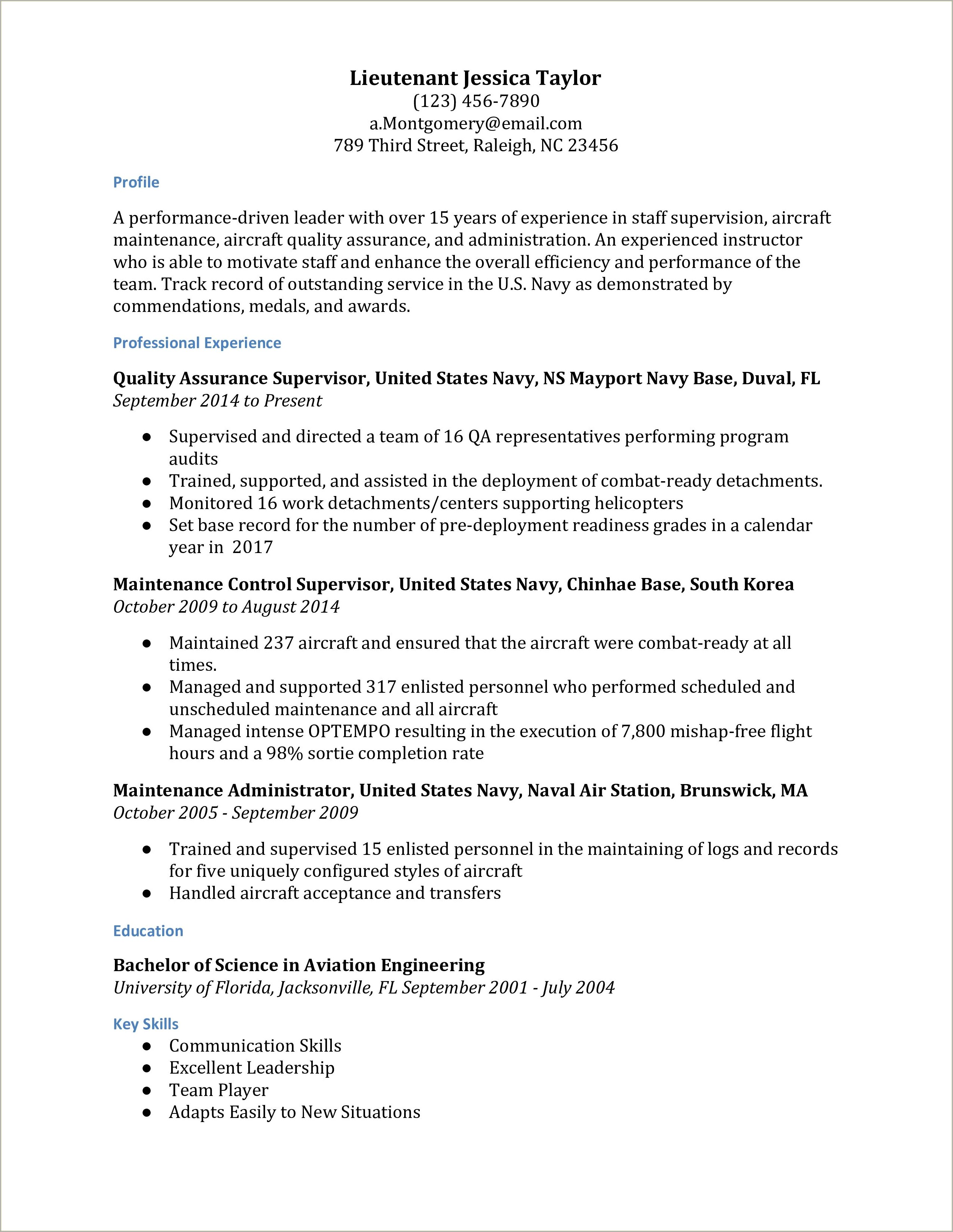 Sample Add Military Under Accomplishment Section On Resume