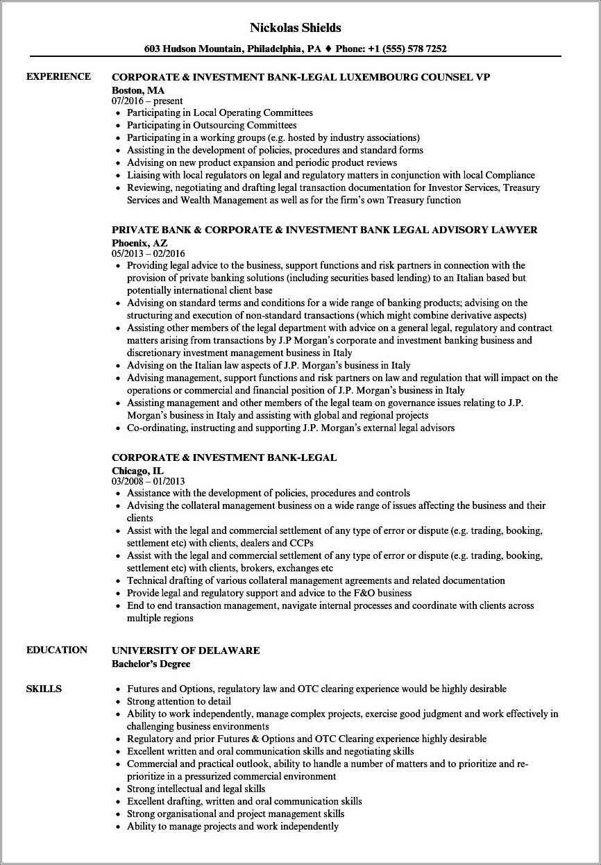 Sample Associate Attorney Resume Big Law