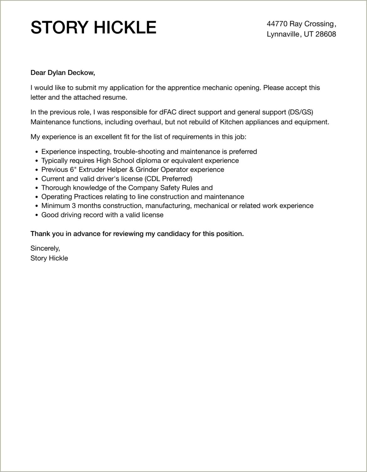 Sample Auto Mechanic Resume Cover Letter