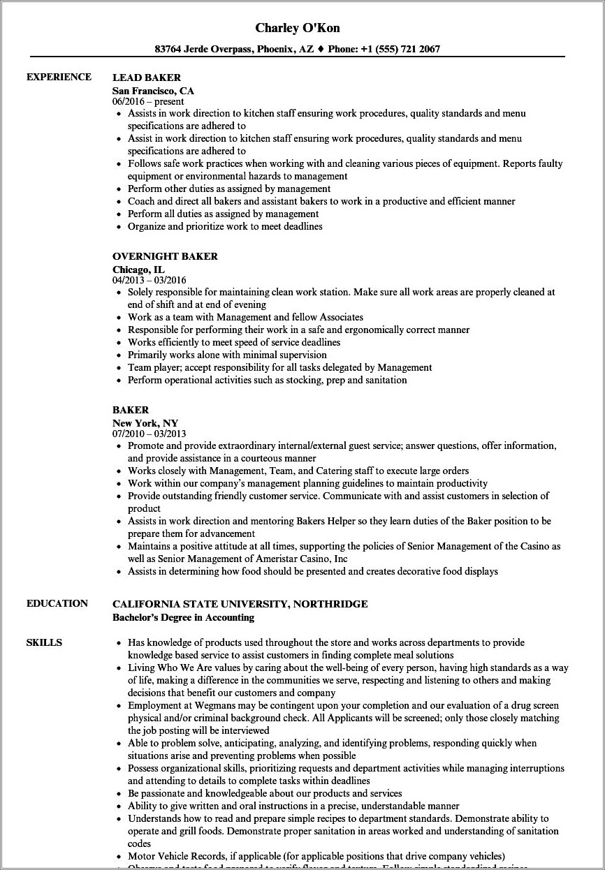Sample Bakers Resume From Sams Club