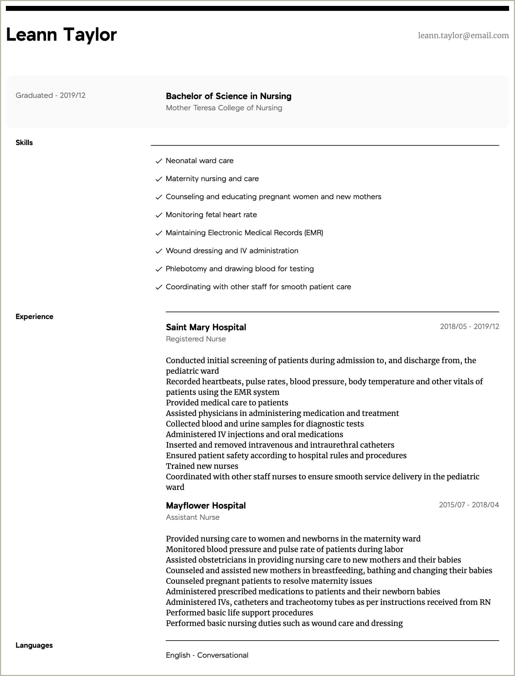 Sample Bsc Nursing Resume With Work Experience