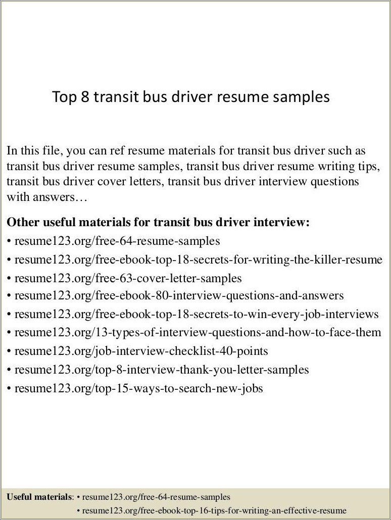 Sample Bus Driver Resume Cover Letter