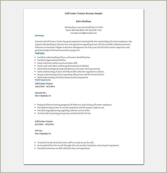 Sample Call Center Resume Without Experience