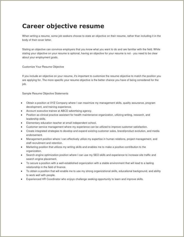 Sample Career Objectives For A Resume