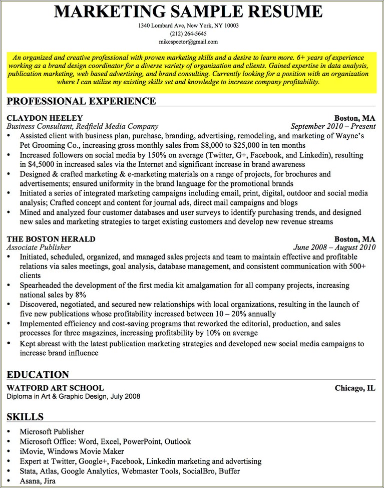 Sample Career Objectives For Resume Marketing