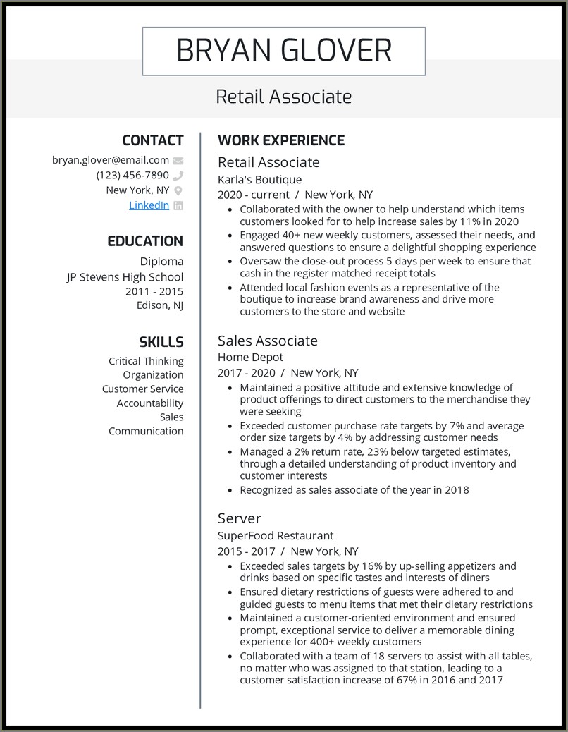 Sample Chronological Resume For A Retail Position