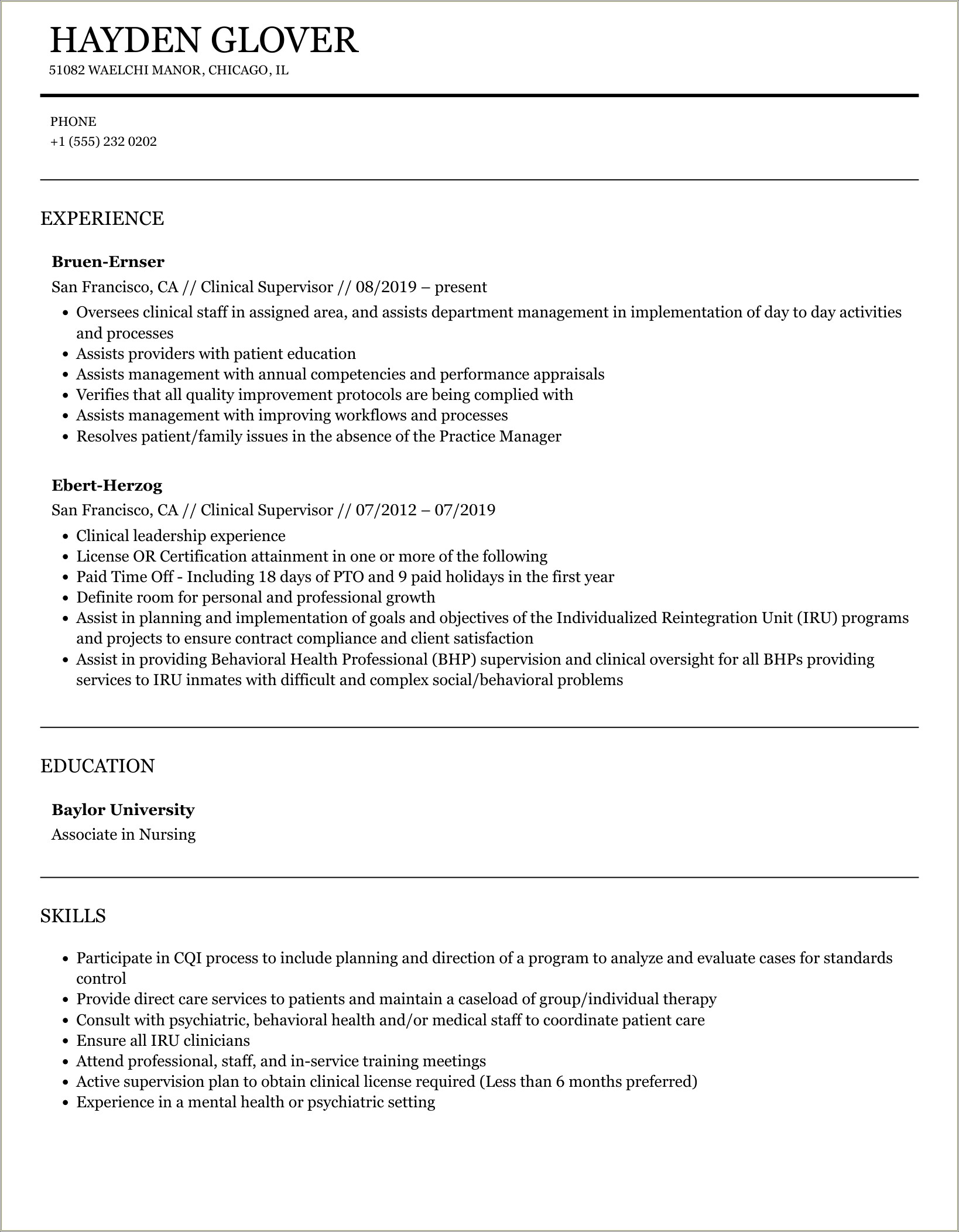 Sample Clinic Supervisor Summary On A Resume