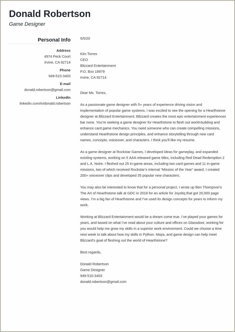 Sample Cold Contact Cover Letter For Resume