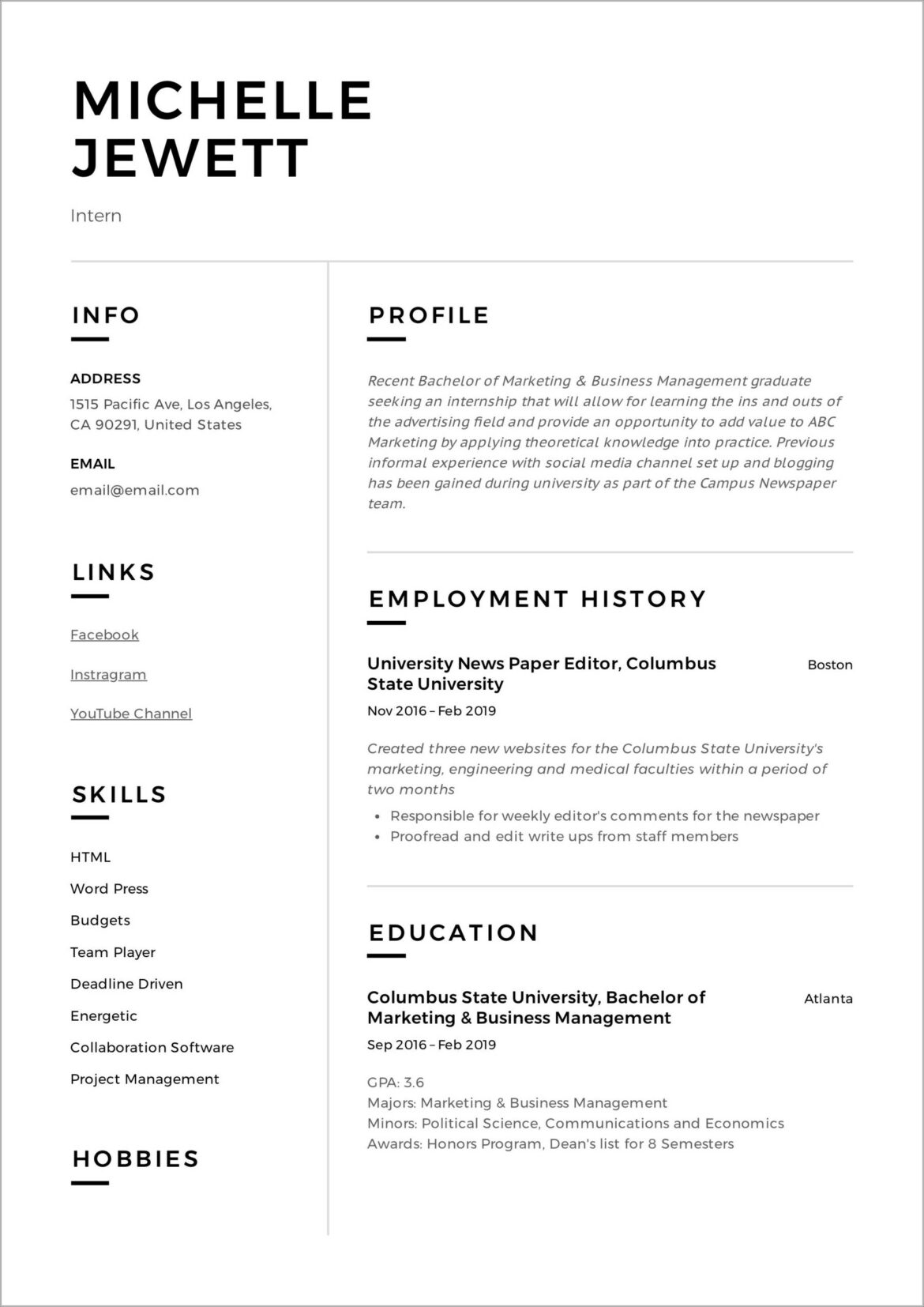 Sample College Student Resume For Summer Internship