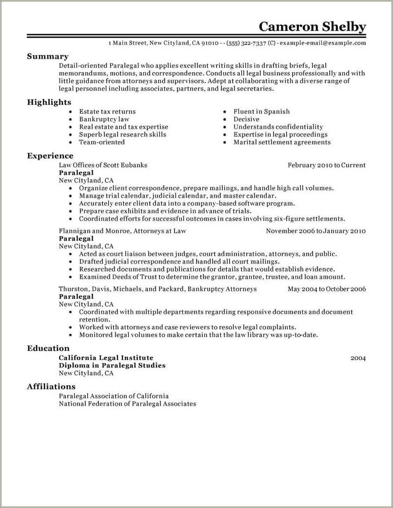 Sample Commercial Real Estate Paralegal Resume