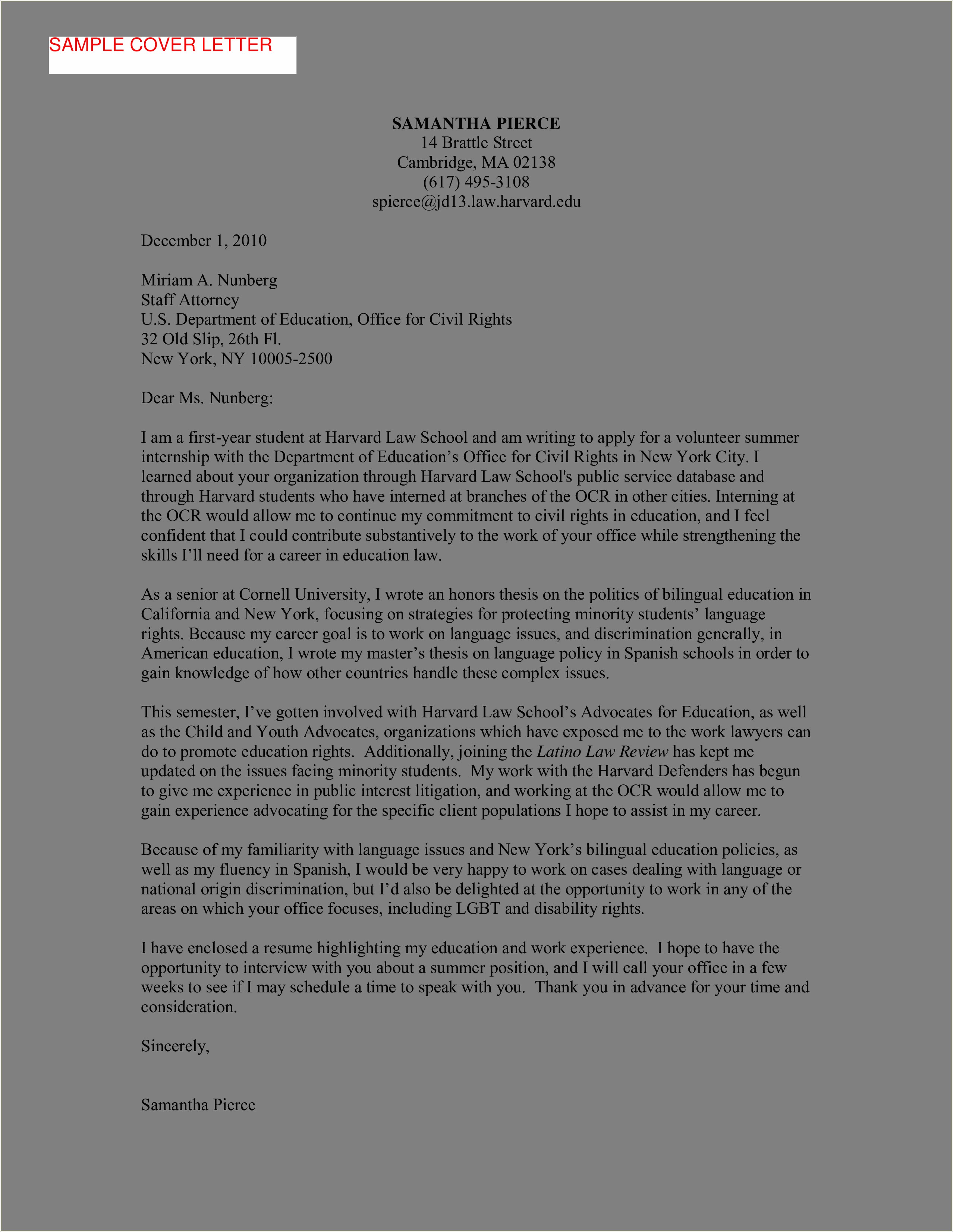 Sample Cover Letter For Attorney Resume