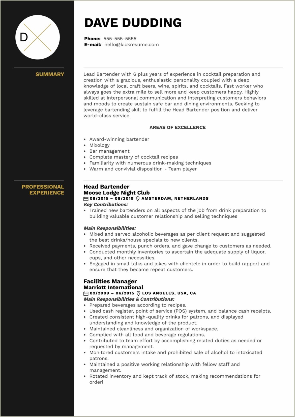 Sample Cover Letter For Bartender Resume