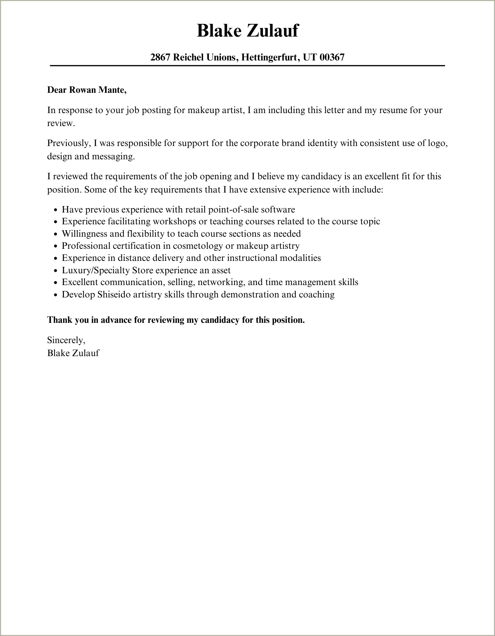 Sample Cover Letter For Cosmetology Resume
