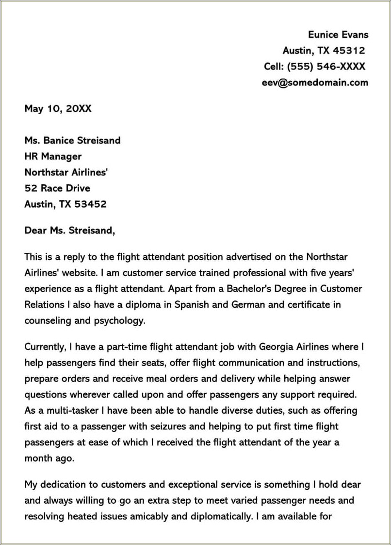 Sample Cover Letter For Flight Attendant Resume