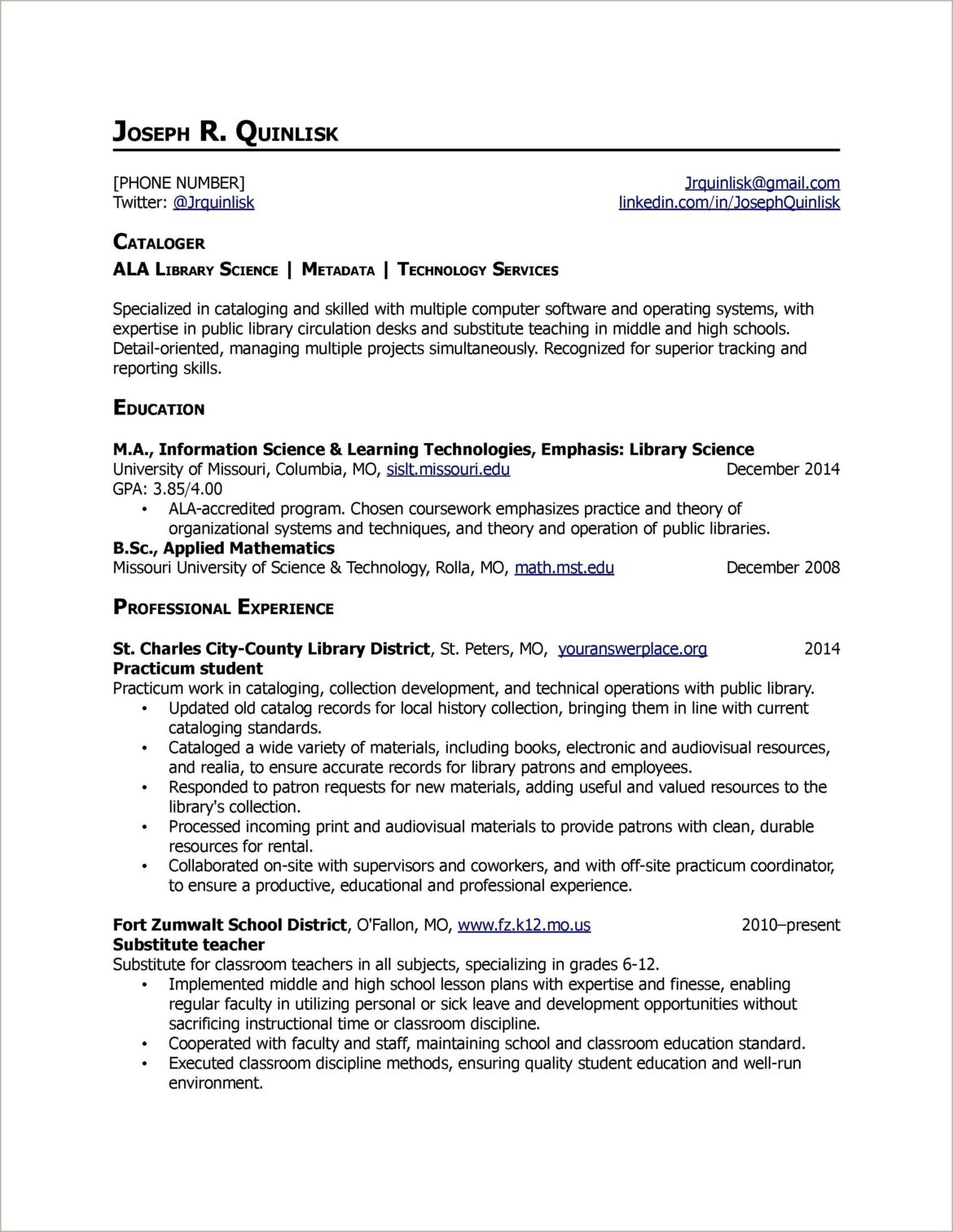 Sample Cover Letter For Librarian Resume