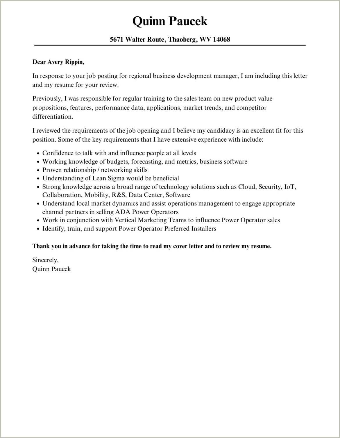 Sample Cover Letter For Resume Business Development