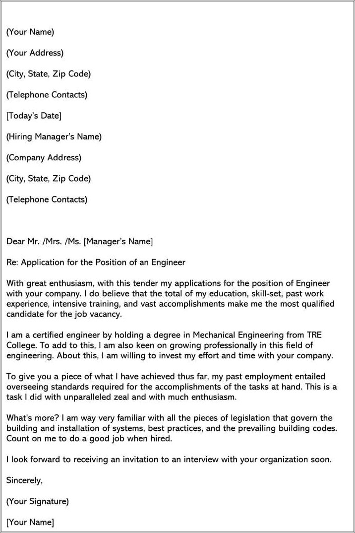 Sample Cover Letter For Resume Engineer Fresher