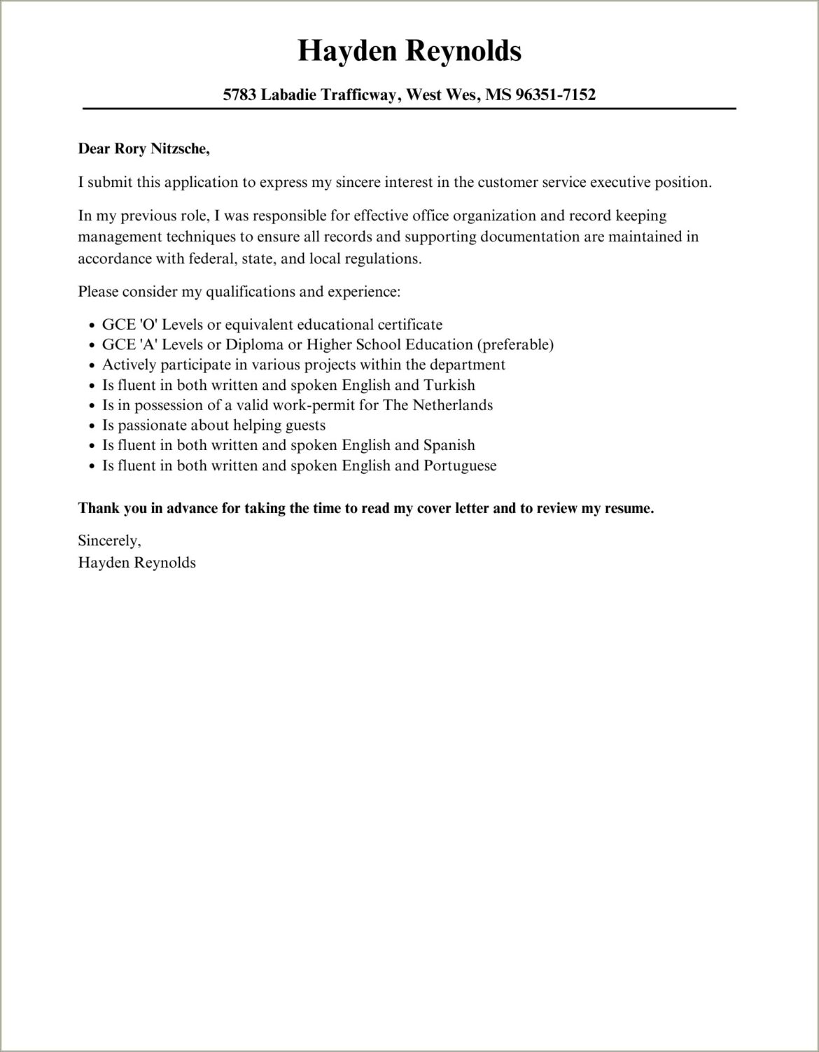 Sample Cover Letter For Resume For Customer Service