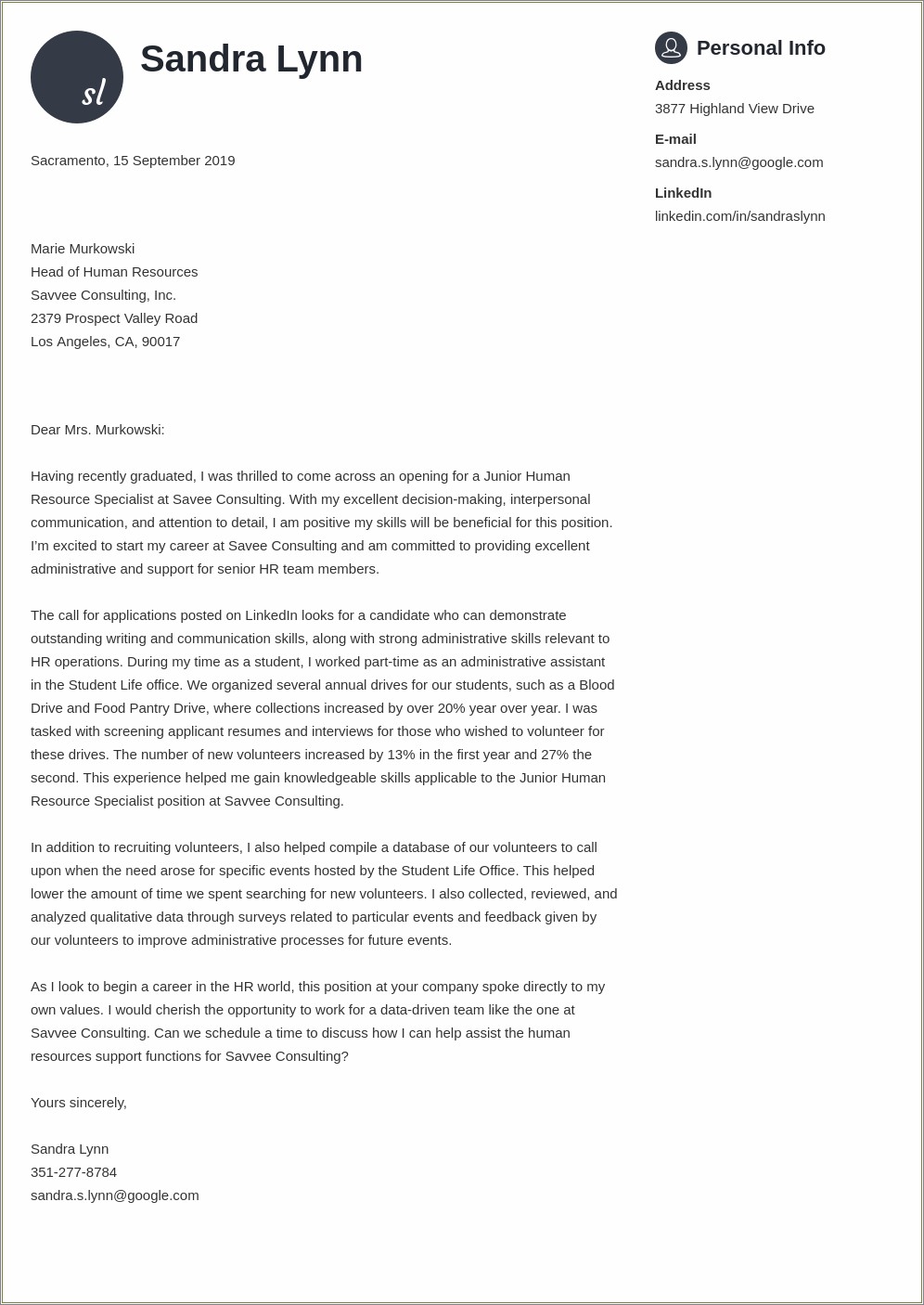 Sample Cover Letter For Resume Human Resources Manager