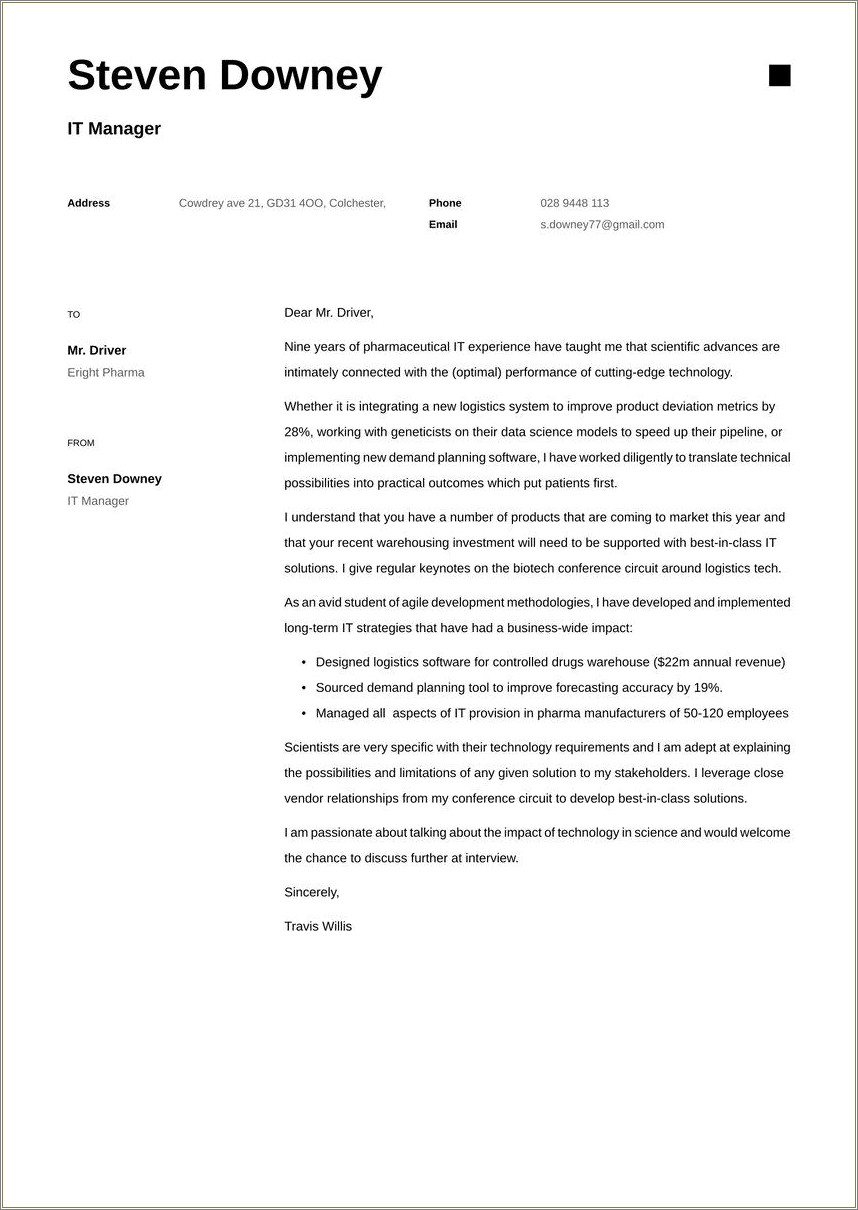 Sample Cover Letter For Resume Iternship Template