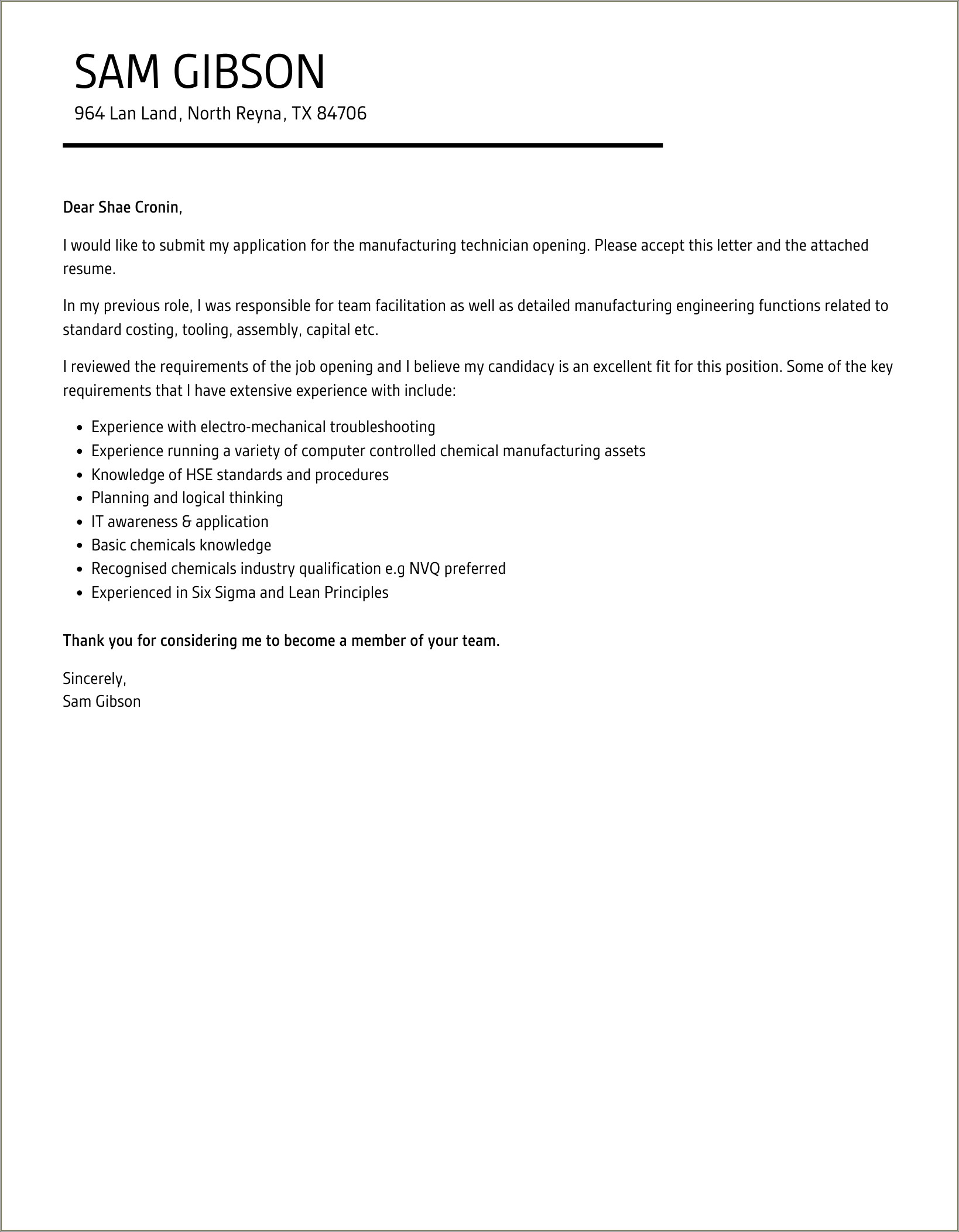 Sample Cover Letter For Resume Manufacturing