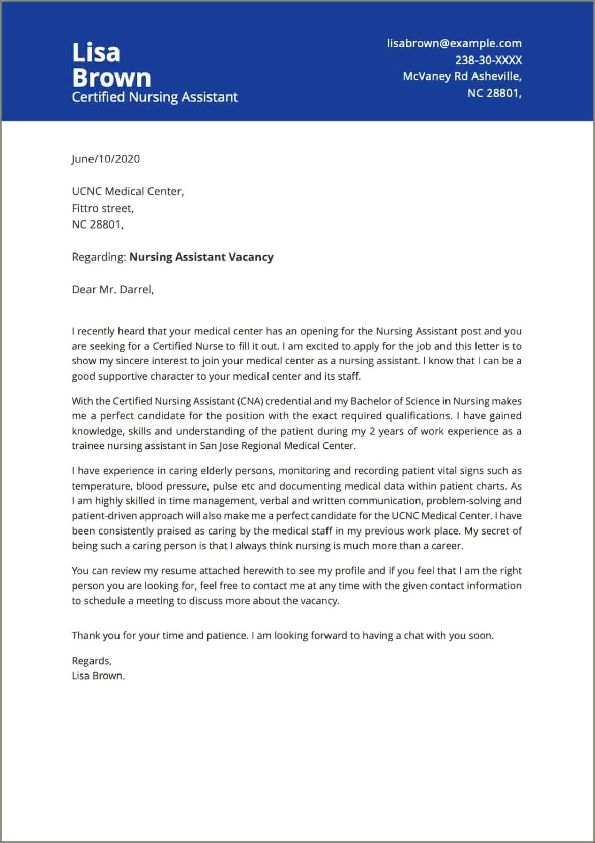 Sample Cover Letter For Resume Nursing Assistant