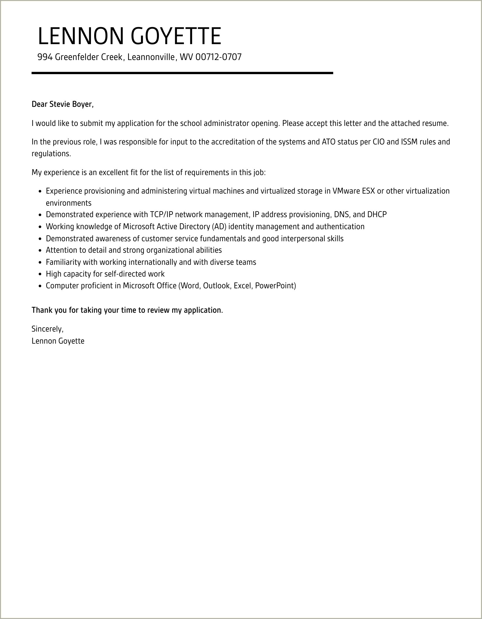 Sample Cover Letter For Resume School Administrator