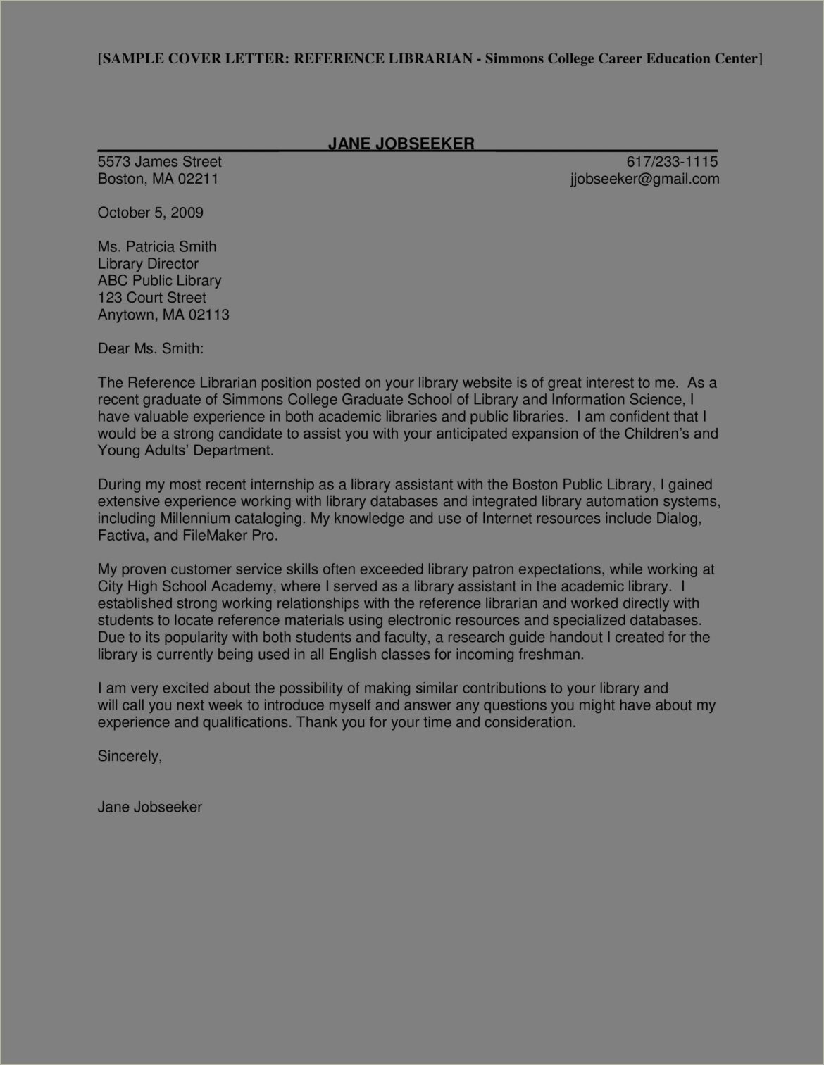 Sample Cover Letter For School Librarian Resume