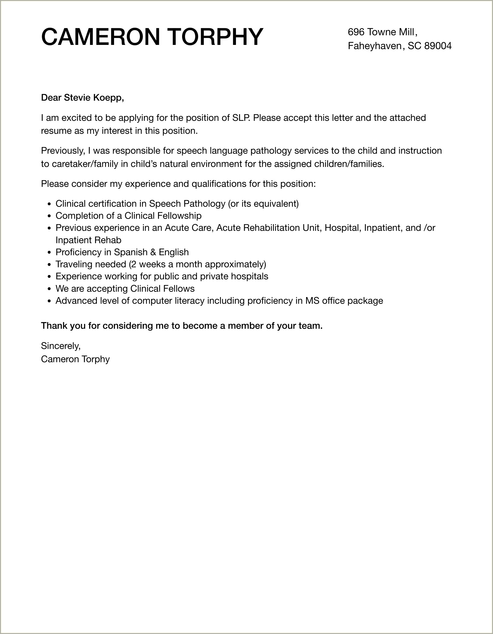 Sample Cover Letter For Slp Resume