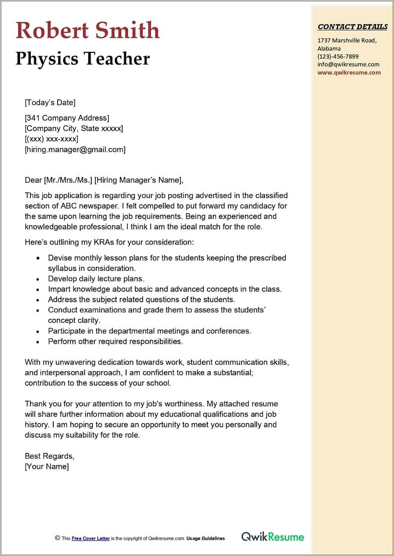 Sample Cover Letter For Teacher Resume Application