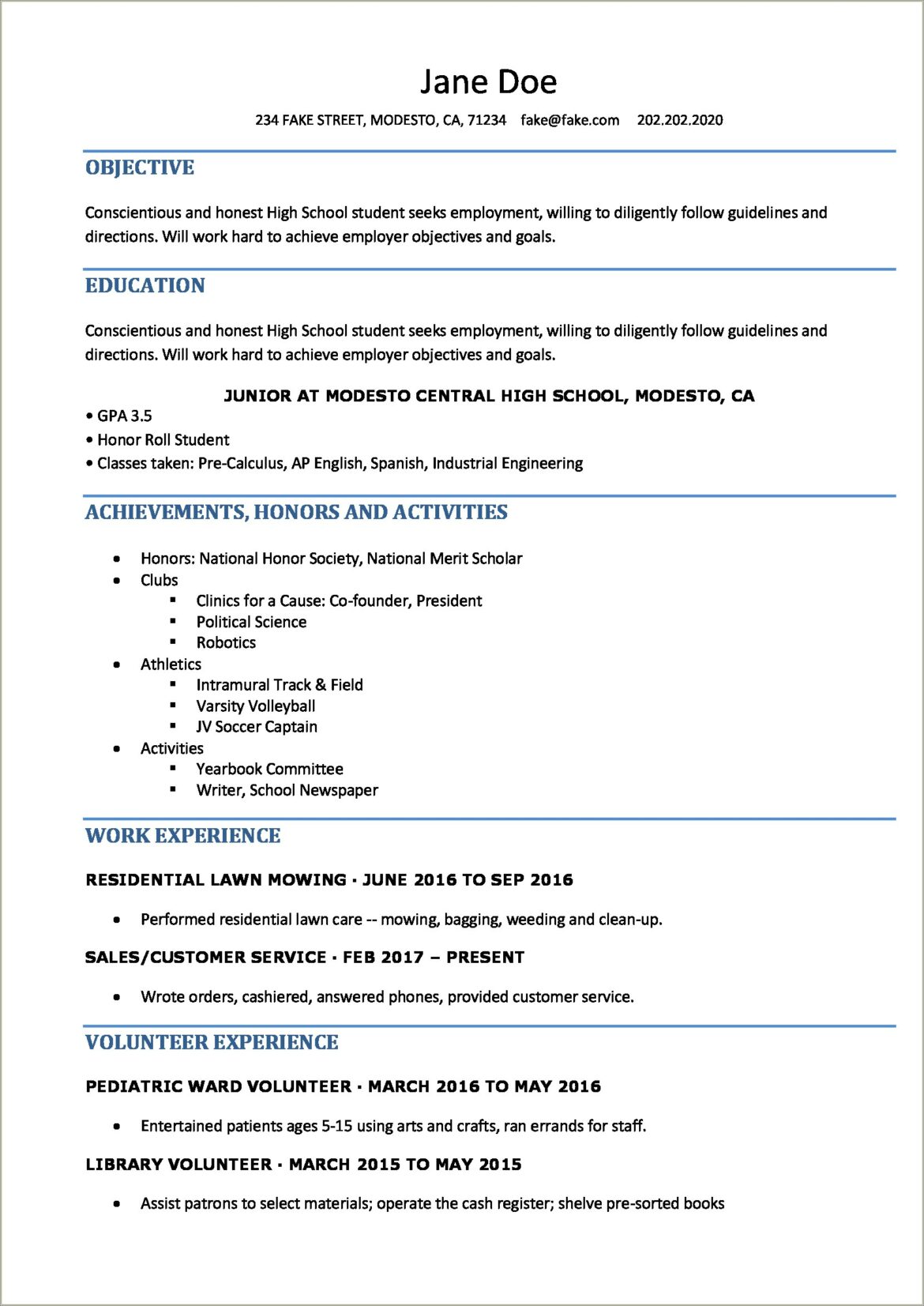 Sample Cv Resume High School Student