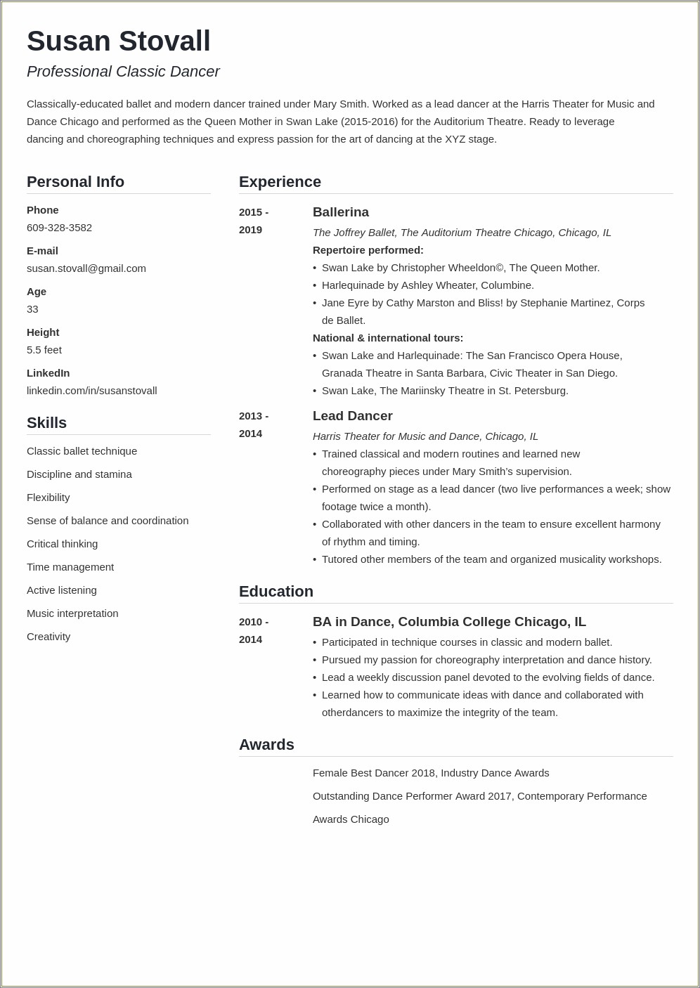Sample Dance Resume For College Audition