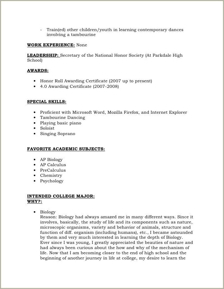 Sample Dance Resume For High School