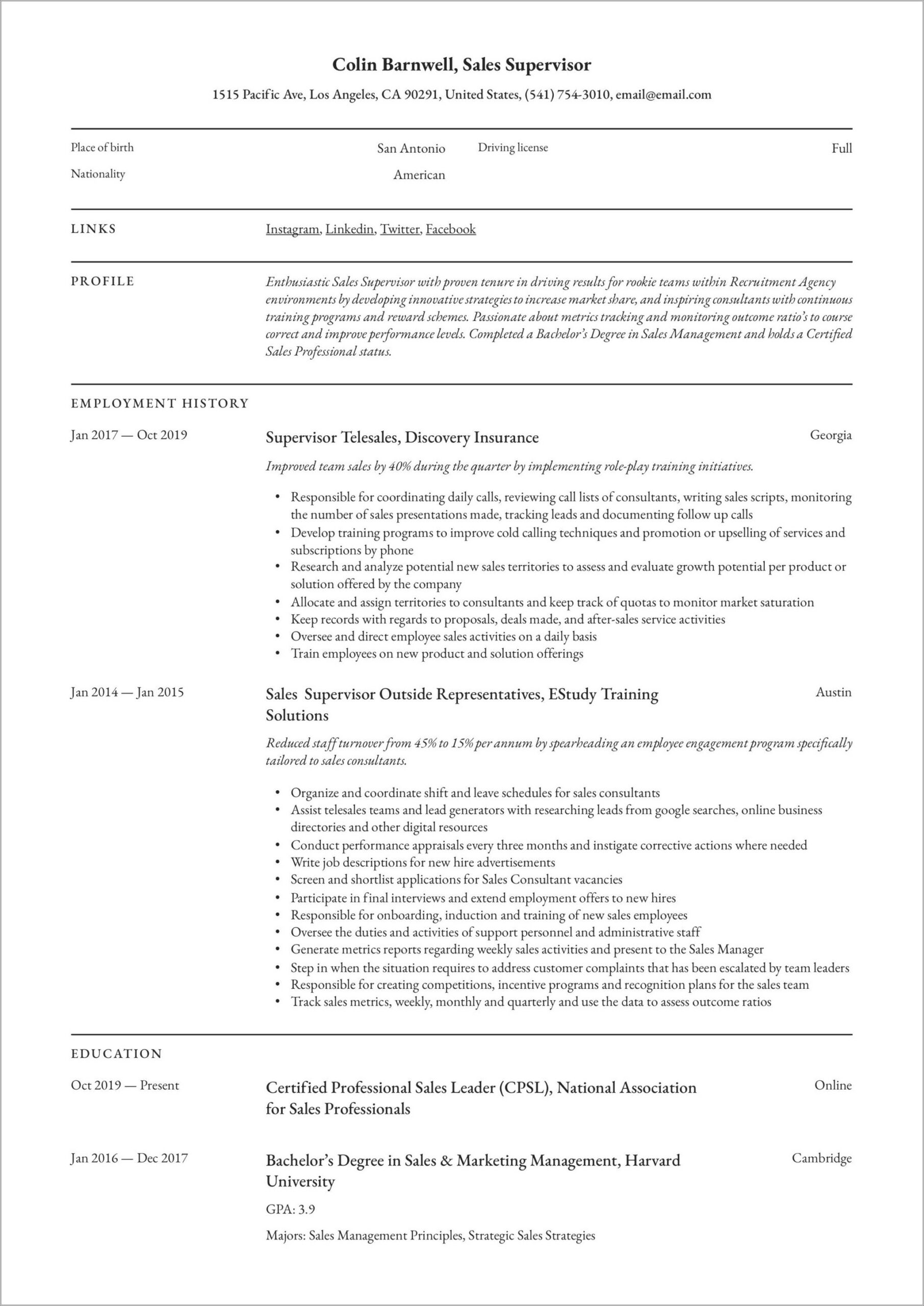 Sample Department Store Sale Supervisor Resume