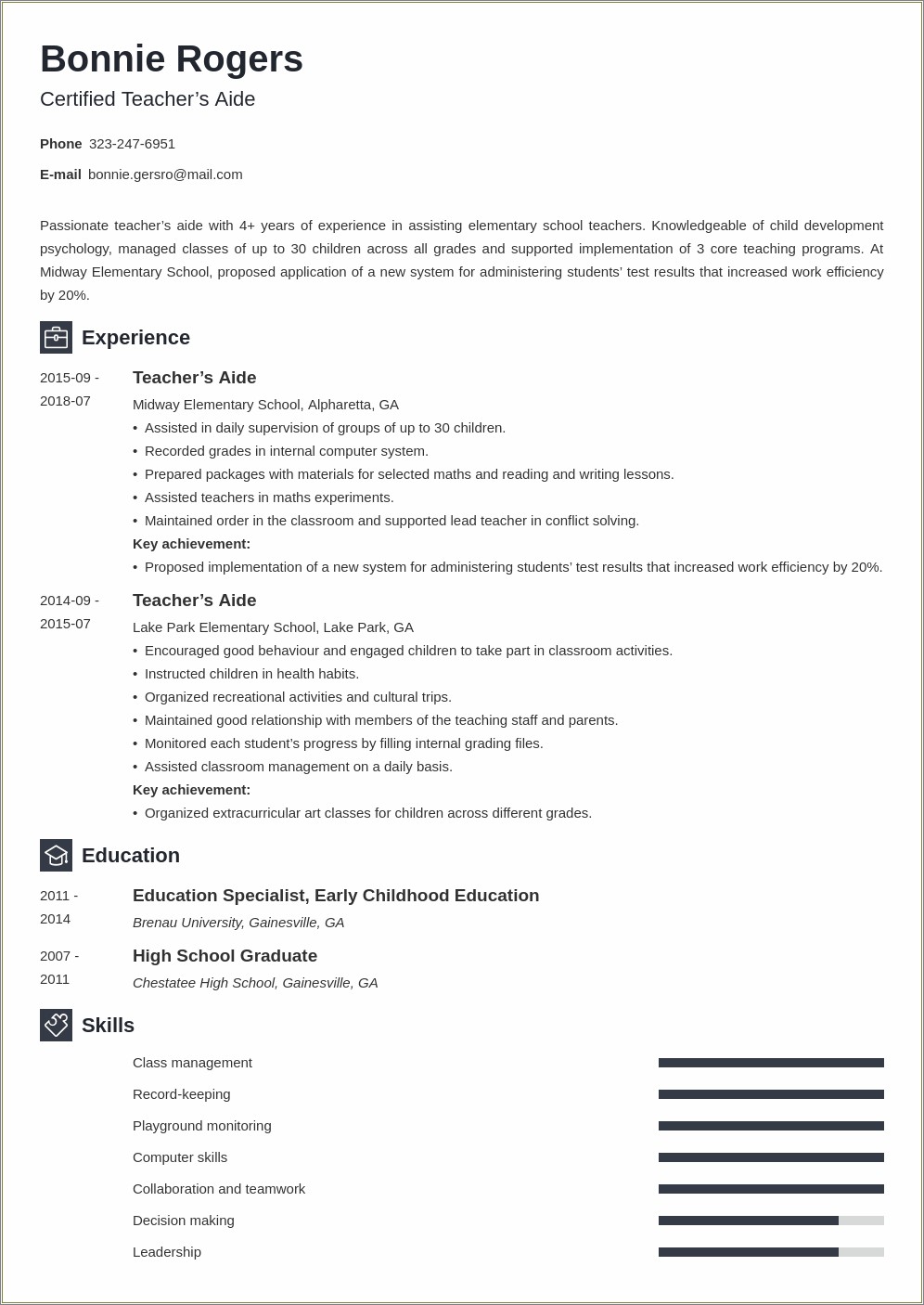 Sample Description For Teacher's Assistant Resume