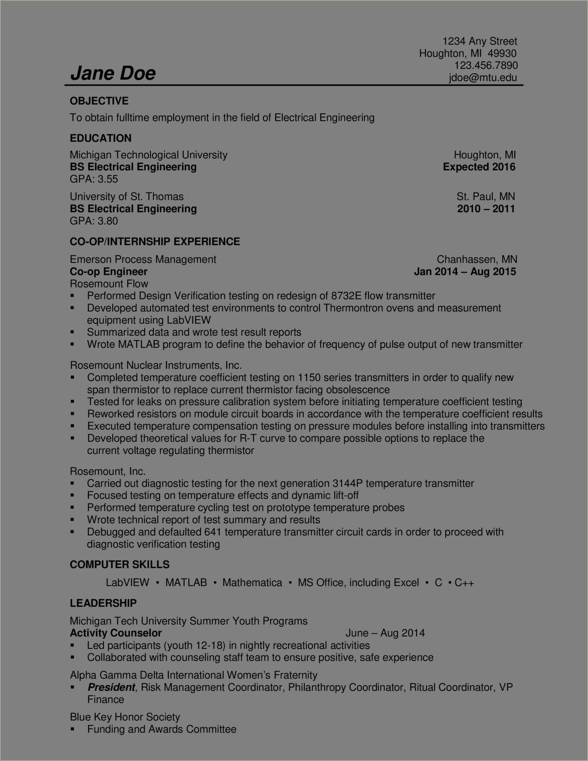 Sample Electronincs Engineering Resume Entry Level