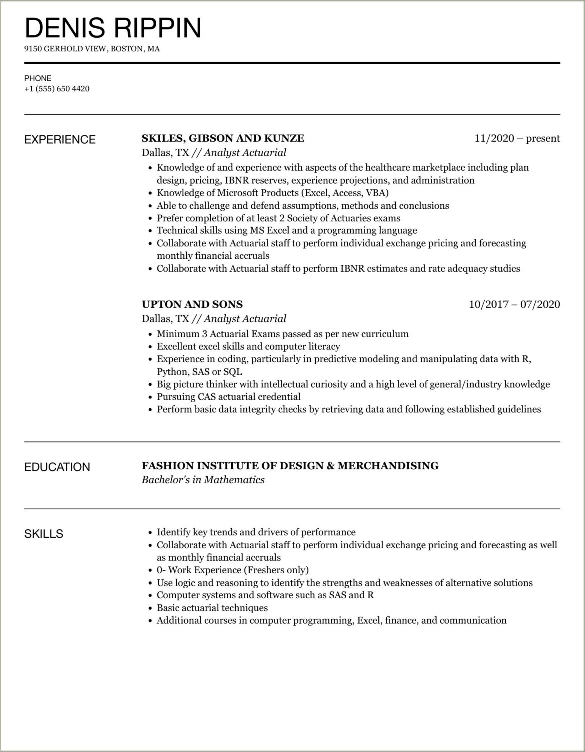 Sample Entry Level Actuarial Science Resume