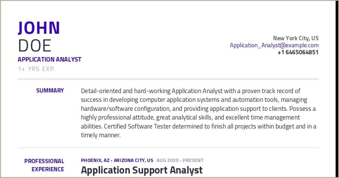 Sample Entry Level Application Support Analyst Resume