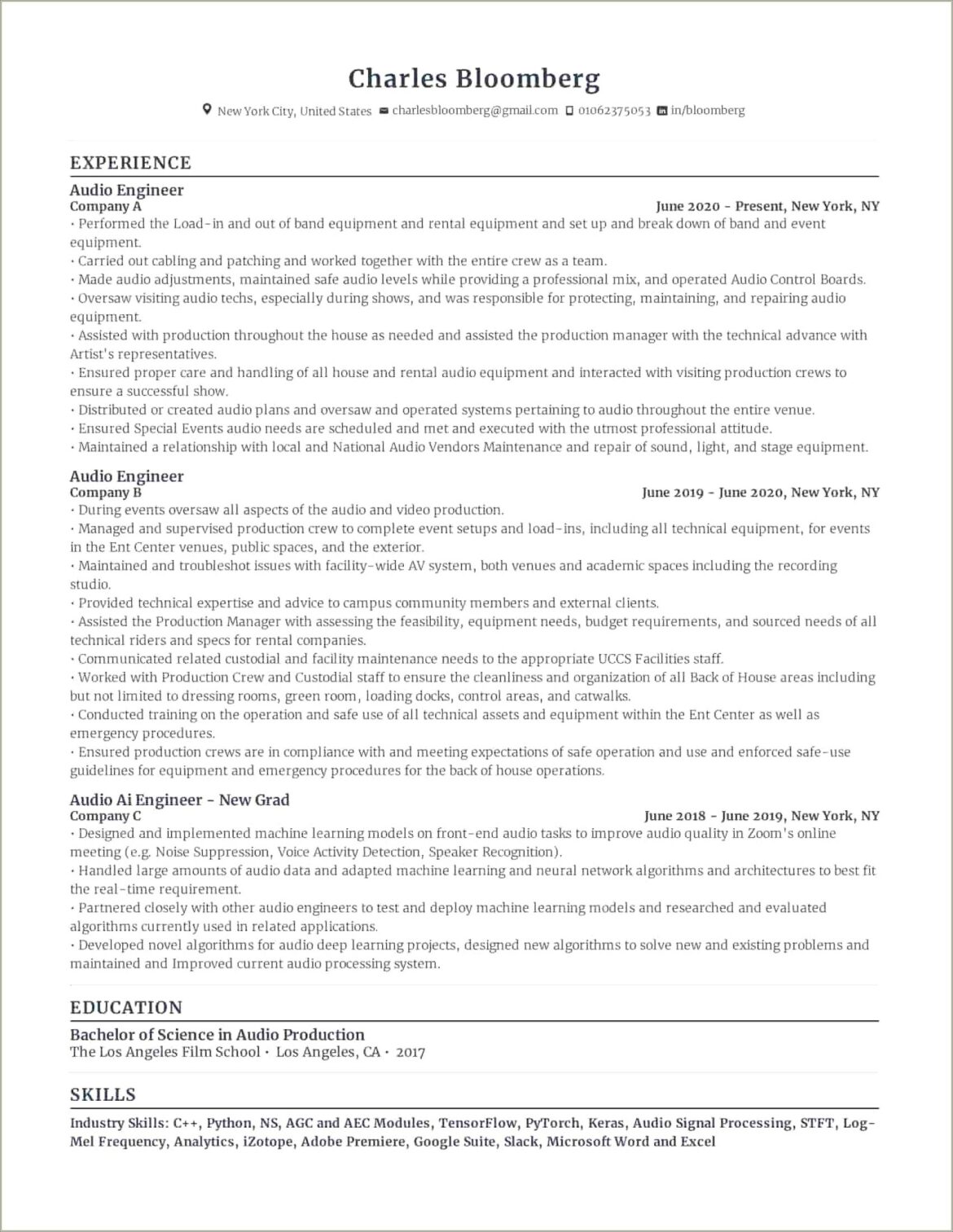 Sample Entry Level Audio Engineer Resume