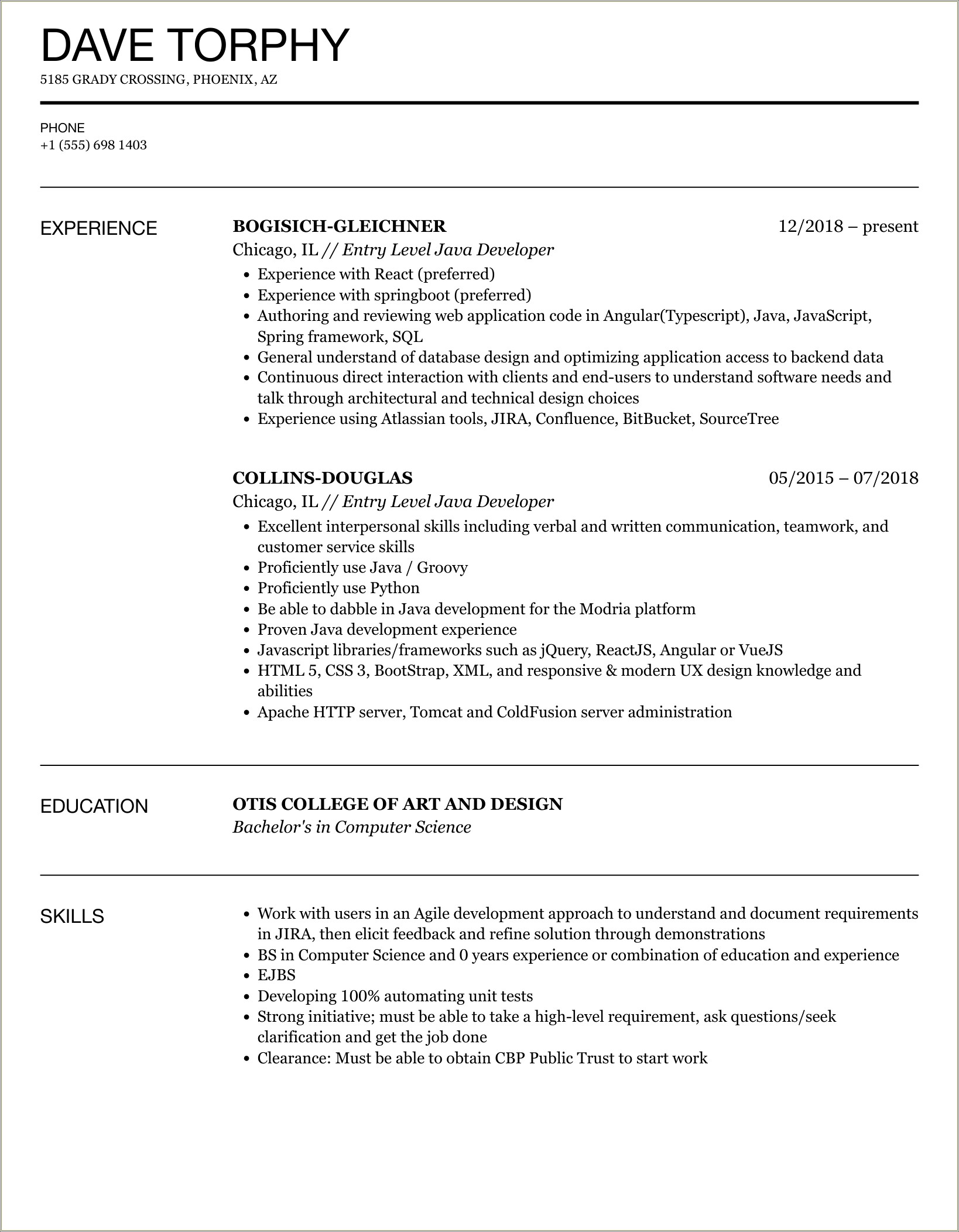 Sample Entry Level Computer Science Resume Recent Graduate