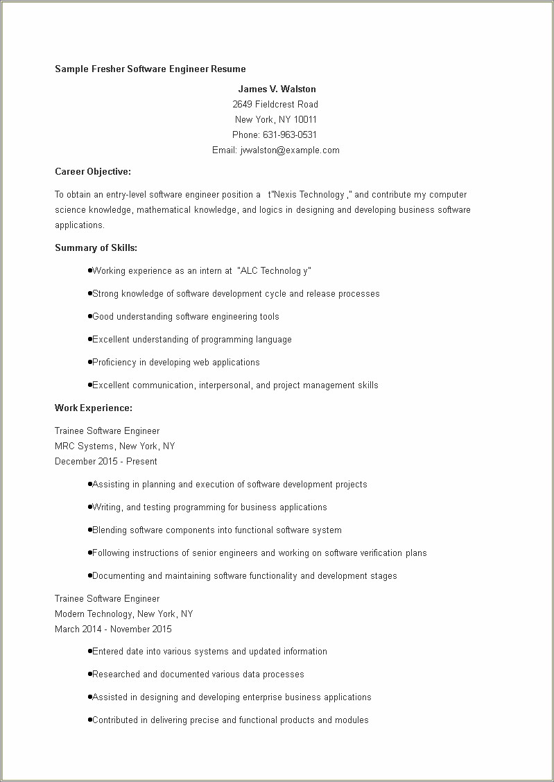 Sample Entry Level Developer Resume